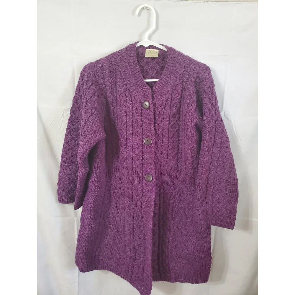 Kilronan Knitwear Cardigan Merino Wool Cable Knit Ireland 3/4 Sleeve Size Large